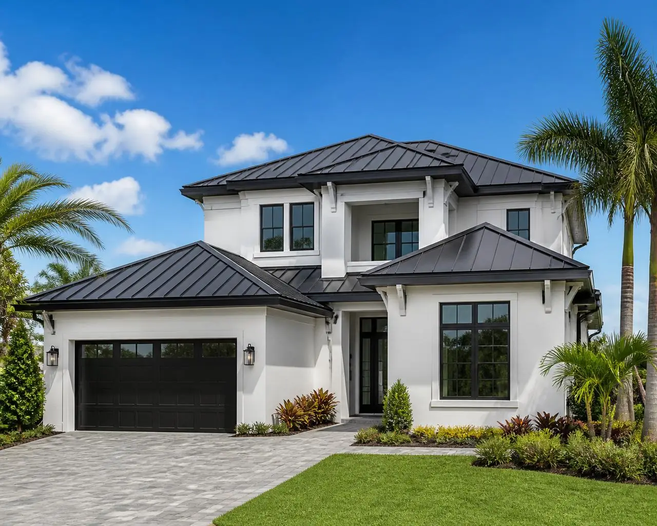 Residential home with black standing seam metal roof
